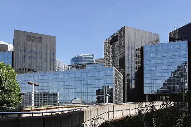 Modern buildings in the business district of La Defense to the west of Paris, France.