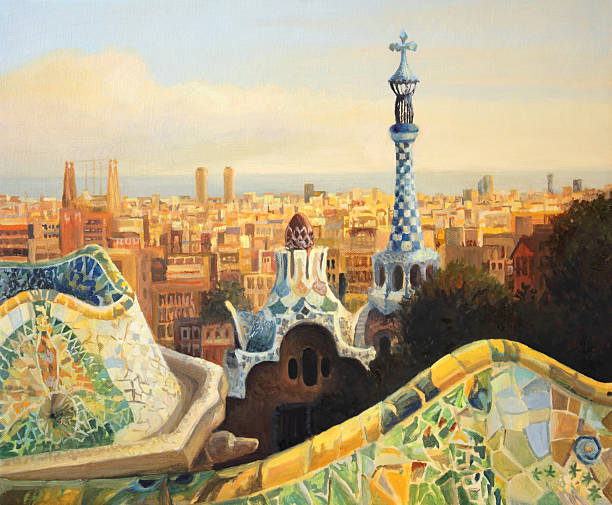 Barcelona Park Guell "Barcelona, Park Guell terrace at dusk painted on the canvas by me Kiril Stanchev" antoni gaudí stock illustrations