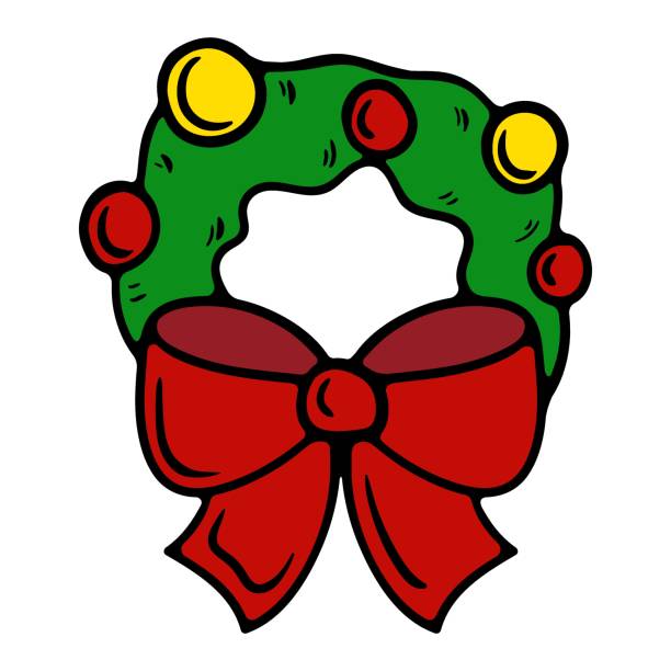 ilustrações de stock, clip art, desenhos animados e ícones de christmas wreath on the door. red bow, ribbon, traditional decorations, new years balls, holiday, winter, december, 25, eve, celebrate, celebration, party, home, decorate. colorful icon - snow leaf branch winter