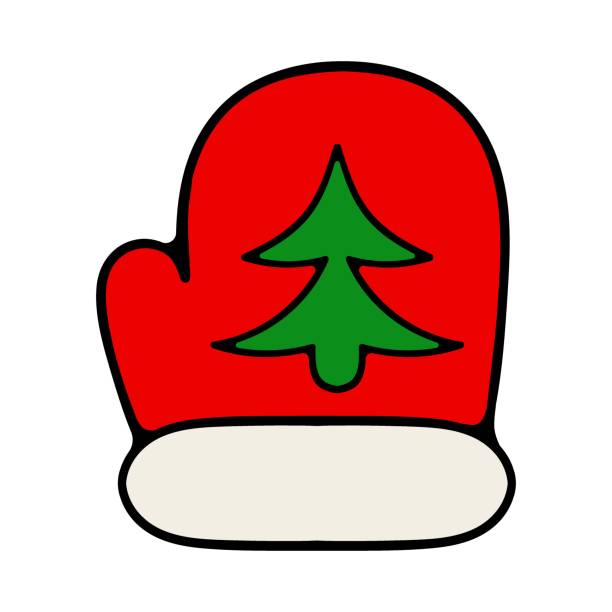 ilustrações de stock, clip art, desenhos animados e ícones de red mitten with christmas tree and white fur. decoration, decorate, new year, eve, december 25, winter, holiday atmosphere, celebrate, family celebration, traditions. colorful icon - christmas tree branch