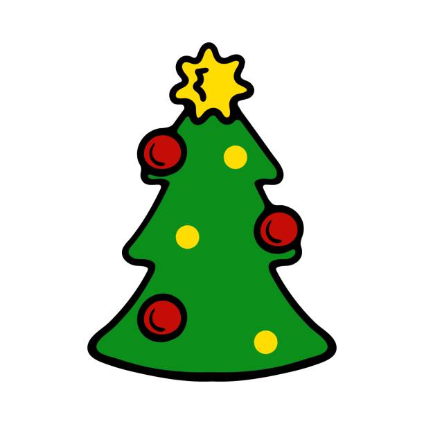 ilustrações de stock, clip art, desenhos animados e ícones de christmas tree with star, red and yellow balls. decoration, decorate, new year, eve, december 25, winter, holiday atmosphere, celebrate, family celebration, traditions. colorful icon - christmas tree branch