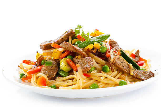 istock Pasta with grilled meat and vegetables 178382646
