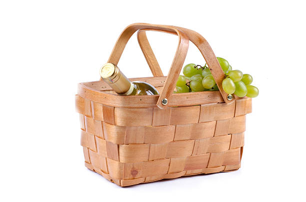 Image of picnic basket with wine and grapes
