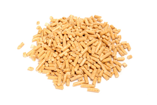A pile of wood pellet (pine) cat litter isolated on a white background