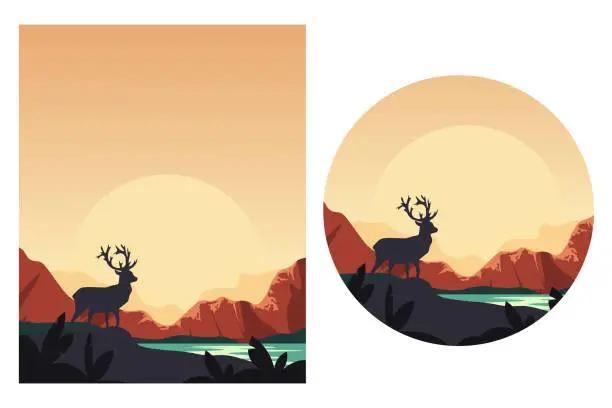 Vector illustration of Evening forest, landscape, banner, postcard, sticker