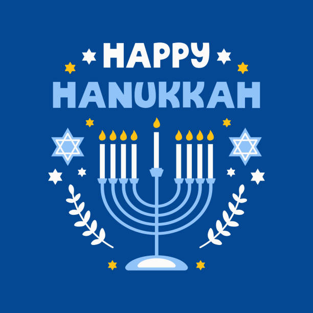 ilustraciones, imágenes clip art, dibujos animados e iconos de stock de ilustración vectorial plana de hanukkah aislada sobre un fondo azul - hanukkah menorah candle blue