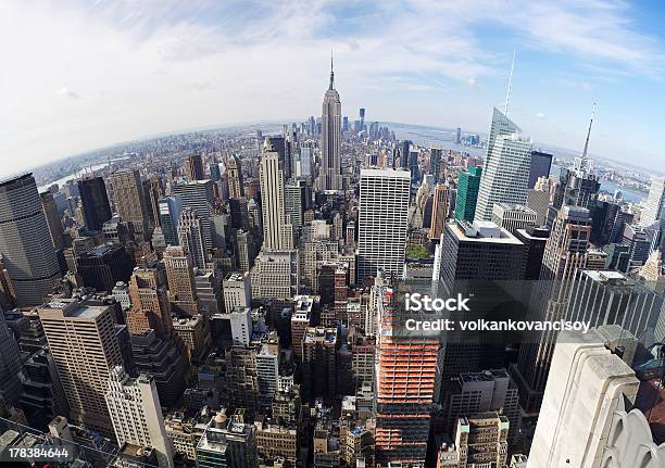 파노라마처럼 펼쳐지는 매해튼 엠파이어 스테이트 빌딩에 대한 스톡 사진 및 기타 이미지 - 엠파이어 스테이트 빌딩, 뉴욕 시, 어안 렌즈