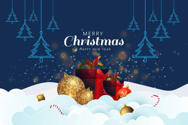 Christmas greeting banner or card. Golden Christmas balls and hanging element on a dark blue background vector art illustration