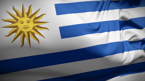 3d illustration flag of Uruguay. Close up waving flag of Uruguay.