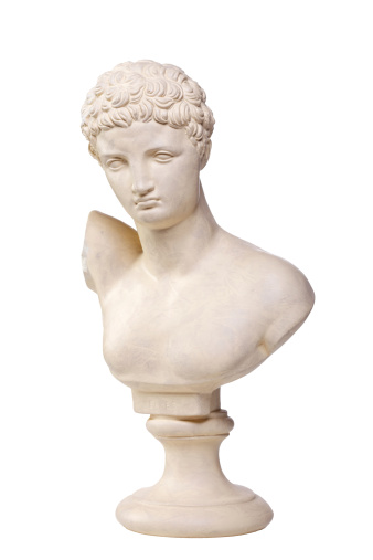 A copy of a stone bust of the Greek God Hermes photographed on a pure white background for easy isolation.  See more Greek Gods: