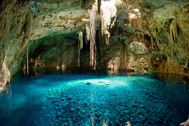 Sinkhole in Mexico with dangling vines cenote in mexico. these sinkholes are one of the natural wonders of the world yucatan stock pictures, royalty-free photos & images
