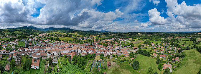 Aerial flyover above the village of Espelette in south France