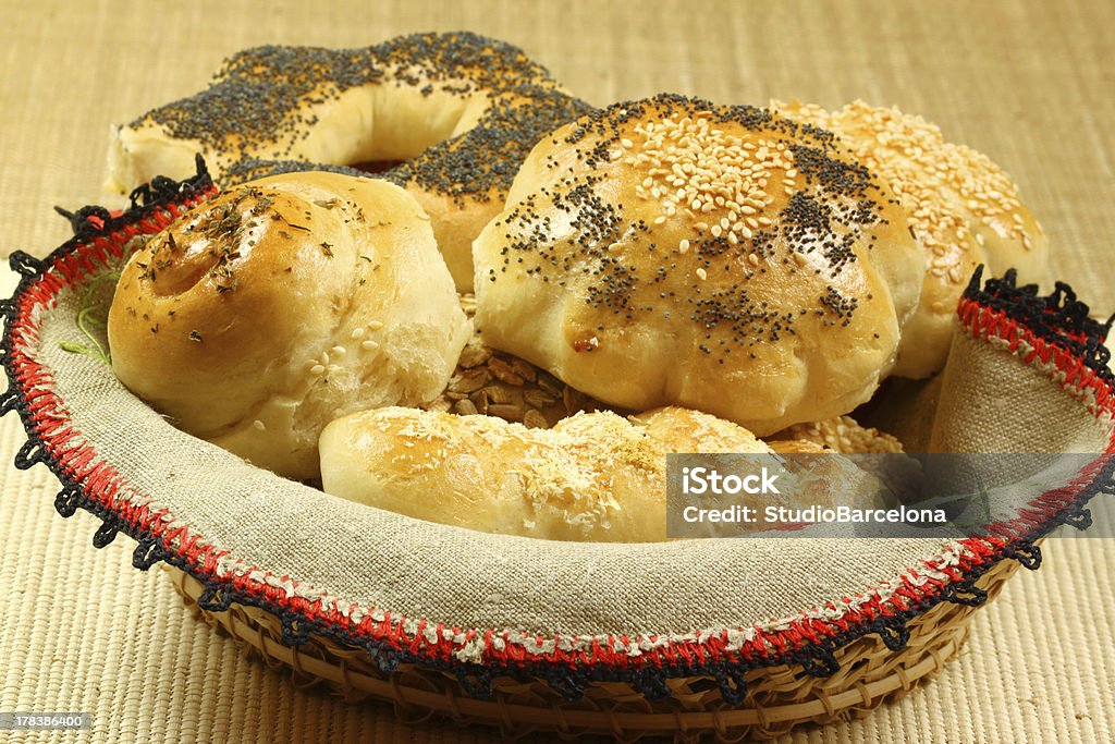 Fresh hot buns Fresh various buns in basket. Breakfast Baked Stock Photo