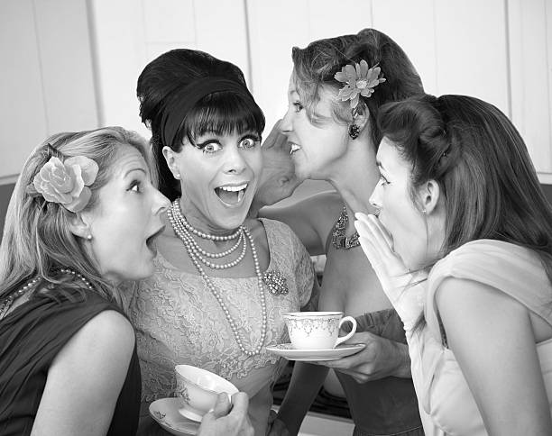 Women Share Secrets Group of four excited housewives in a kitchen share secrets retro 1950s kitchen stock pictures, royalty-free photos & images