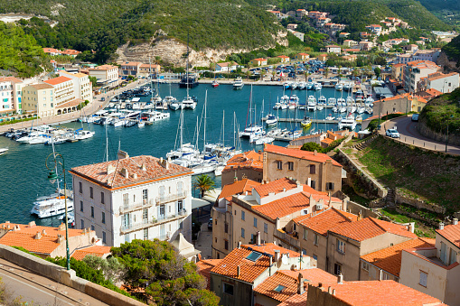 Aerial view of the Bonifacio Harbour, Corsica, France.