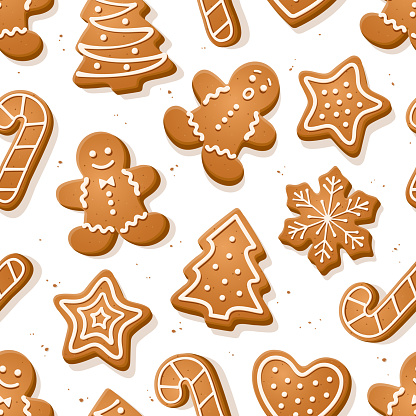 Seamless pattern with christmas cookies. Pattern of gingerbread man, star, candy cane, fir-tree.