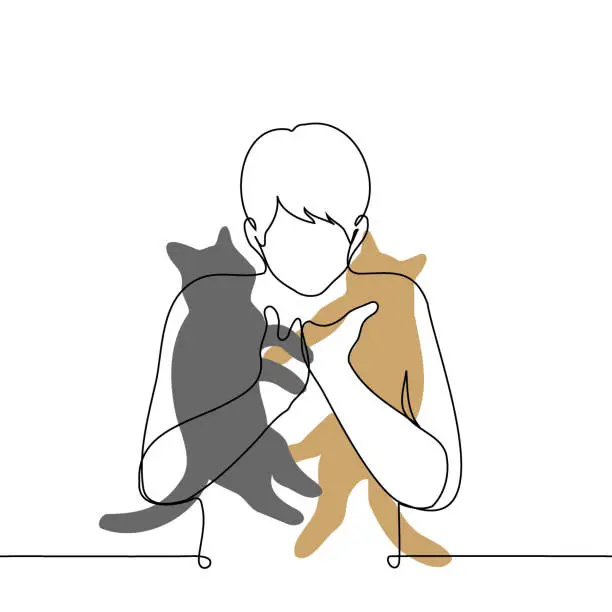 Vector illustration of man holds two adult cats in his arms, cuddling them to himself - one line art vector. concept cat cat lover, veterinarian, street cats