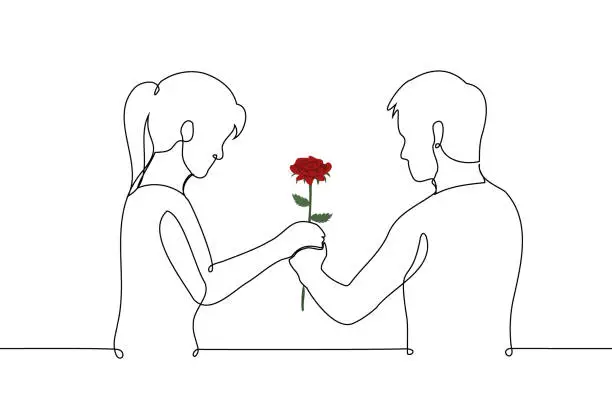 Vector illustration of woman and man holding one red rose - one line art vector. concept man or woman gives a rose, first date