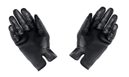 Black leather gloves on a white background.
