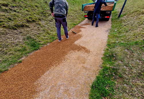 compressing the gravel of the new park threshing path. lawn seed is repaired by rolling a metal hand roller, which is filled with water, will be heavier, cycling path, roller