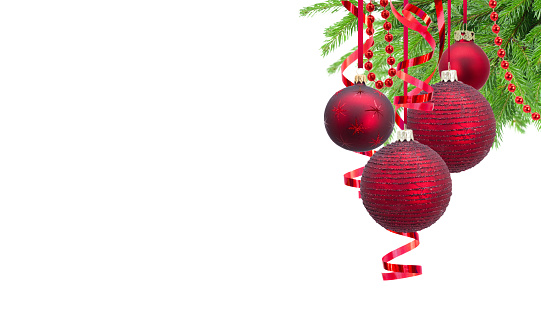 Red christmas balls garland and evergreen fir tree isolated on white background