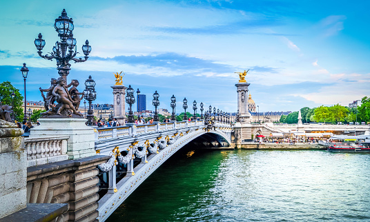 Paris landmark - famouse Alexandre III Bridge at blue dusk, Paris, France