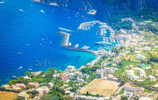 Marina Grande bay from above, famous Capri island, Italy