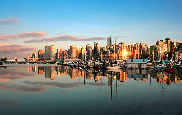 Vancouver skyline at sunset "Downtown Vancouver skyline at sunset as seen from Stanley Park, British Columbia, Canada." vancouver at night stock pictures, royalty-free photos & images