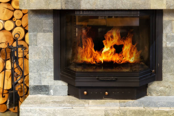 istock Stone Fireplace with burning fire, Cozy Winter 1783896278