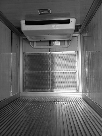 seen in a refrigerated car, box freezer, Interior of commercial refrigerator and meat freezer