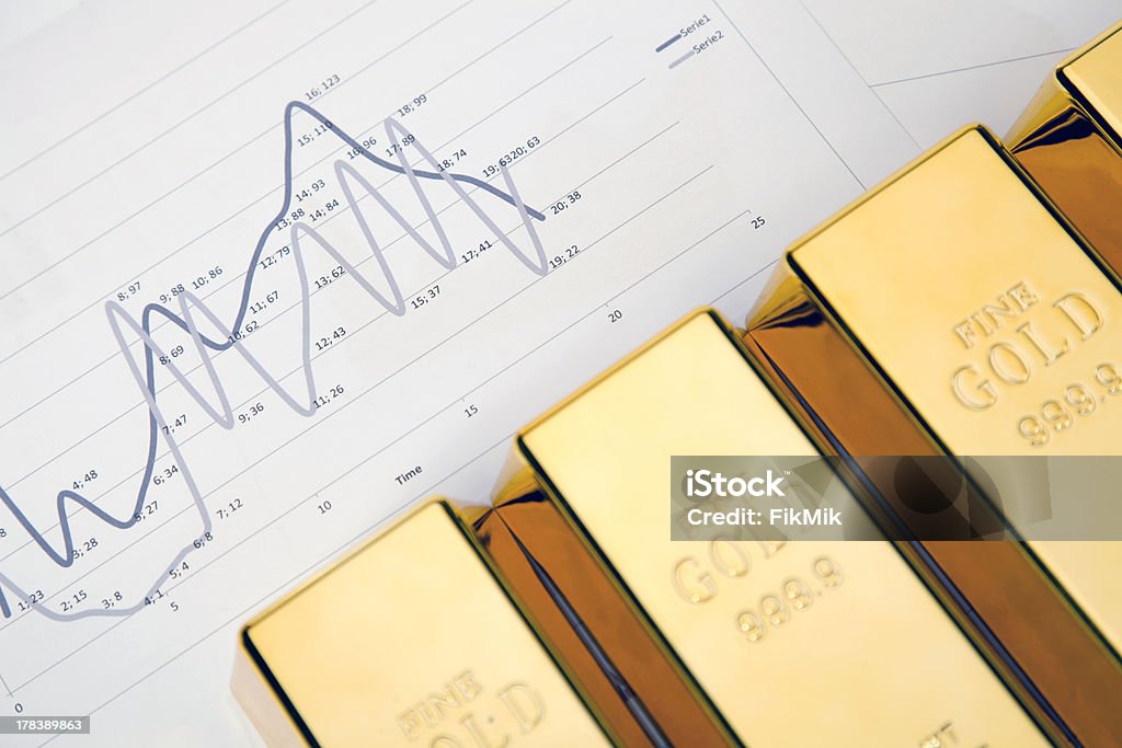 Gold bars on graphs and statistics "Photo of gold bars on graphs and statistics, studio shots, closeup" Aspirations Stock Photo