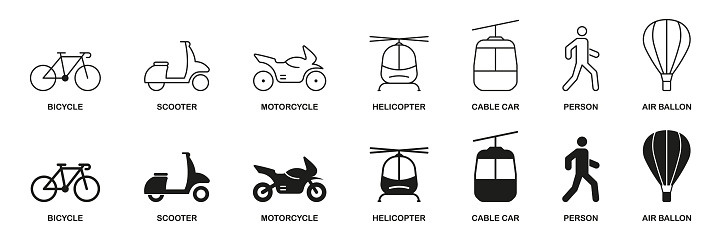 Traffic Sign Collection. Vehicle Symbols, Transportation Modes Line and Silhouette Icon Set. Pedestrian, Helicopter, Bike, Motorcycle, Moped, Cable Car Pictogram. Isolated Vector Illustration.