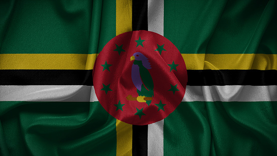 3d illustration flag of Dominica. Close up waving flag of Dominica.