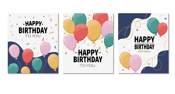 Happy birthday vector card set design. The upright Set is great for social media posts, cards, brochures, flyers, and advertising poster templates. Vector illustration.