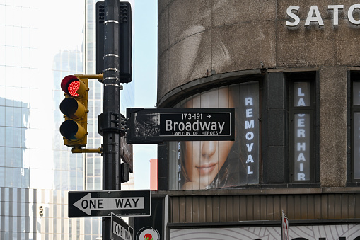 New York, New York, USA, April 6, 2023 - Street sign Broadway Canyon of Heroes downtown Manhattan, New York City, USA.