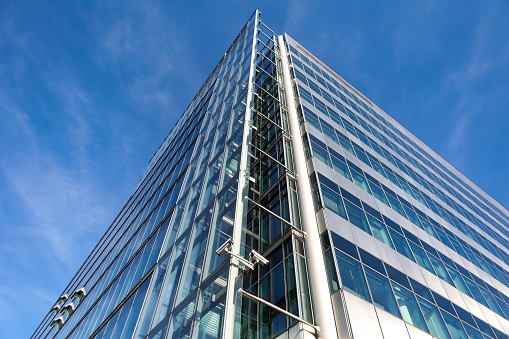 Facade of a modern glass office building.