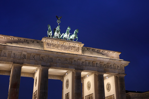 Brandenburg Gate at night in Berlin, Germany.