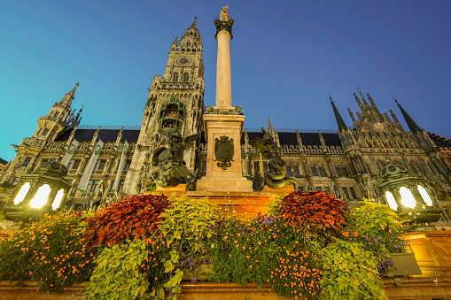 Munich, Germany, Bavaria, Europe - September 14, 2023. Munich skyline with the famous landmark New Town Hall, Neues Rathaus, and its famous Clock Tower, Glockenspiel, with the St. Mary's Column, Mariensäule statue monument covered in flowers at night. The landmarks are located in Marienplatz, a popular square in Munich which is located in Munich's Old Town in the city center. The town hall, city hall building hosts the city government and is a popular tourist attraction due to its architecture and the town hall clock tower which performs a show with figurines moving through the clock several times throughout the day. No people.