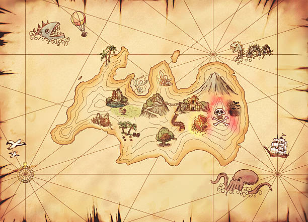 Mapa del tesoro, con una isla de la aventura - ilustración de arte vectorial