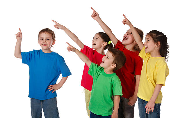 istock Group of children with pointing up sign 178394492