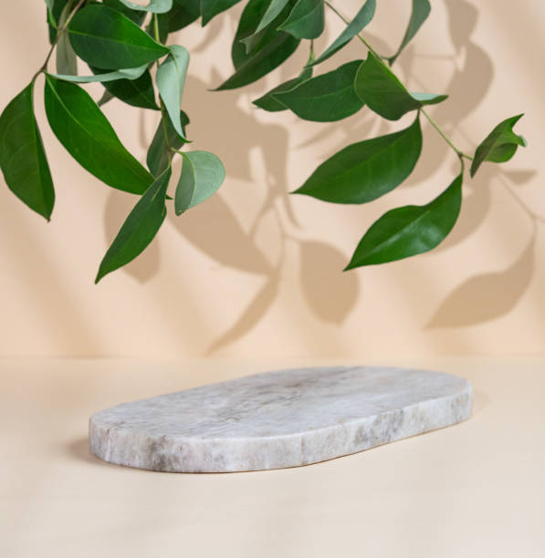 istock Abstract empty marble board with shadows and green leaves on a beige background. Layout concept for promotional product presentation, sale or cosmetics display. 1783947524