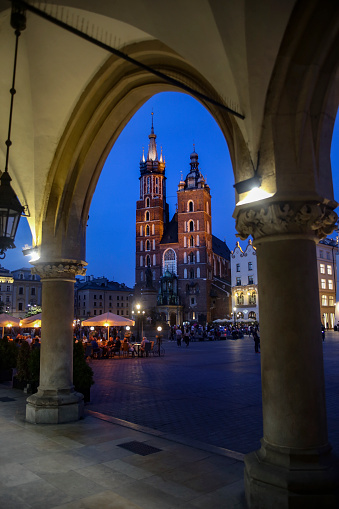 St. Mary's Basilica at night in Krakow, Poland.