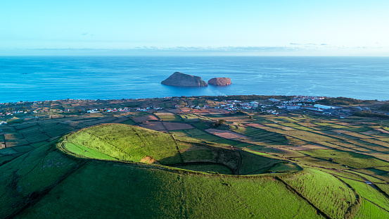 Drone shot of the ancient Pico Dona Joana volcano on the Portuguese island of Terceira in the Azores