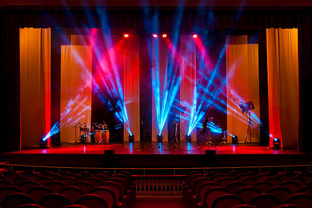 Beams of spot light shining on the stage in an empty theater stock photo