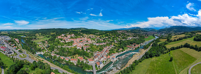 Summertime flyover above the beautiful French Vilage of Saint Lizer