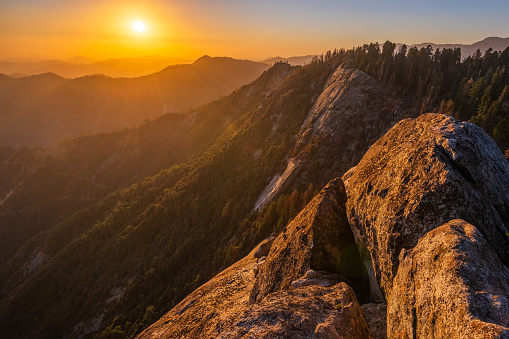 Setting sun over the Sequoia National Park. View from the Moro Rock.