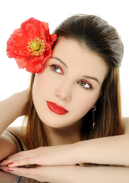 Happy woman with rose. Space for text.