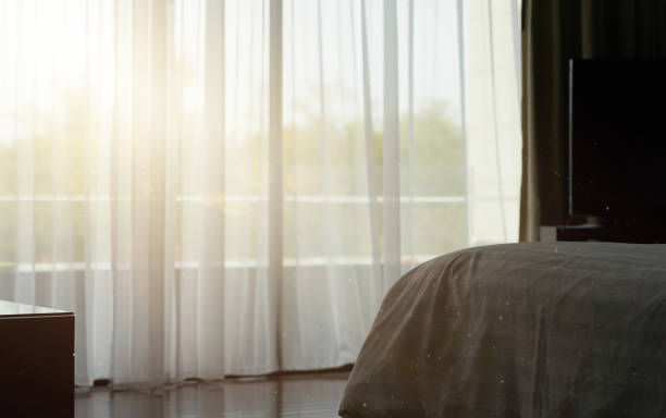 istock sunlight through curtain into bedroom with bed and TV 1783973370
