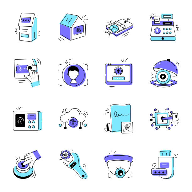 보안 시스템 낙서 아이콘 번들 - encryption usb cable usb flash drive document stock illustrations