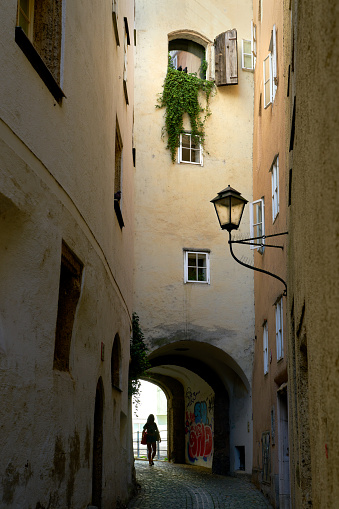 A narrow, curving alley in the old town of Salzburg, Austria.
October 2, 2023.